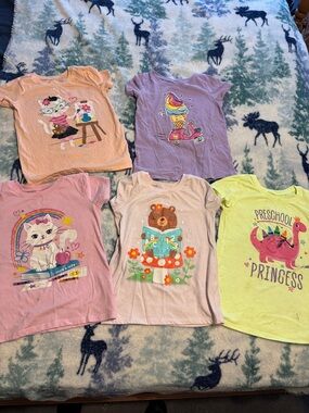 Set of 5 Girls' Graphic Tee Shirts - Pastel Animal & Sweet Designs